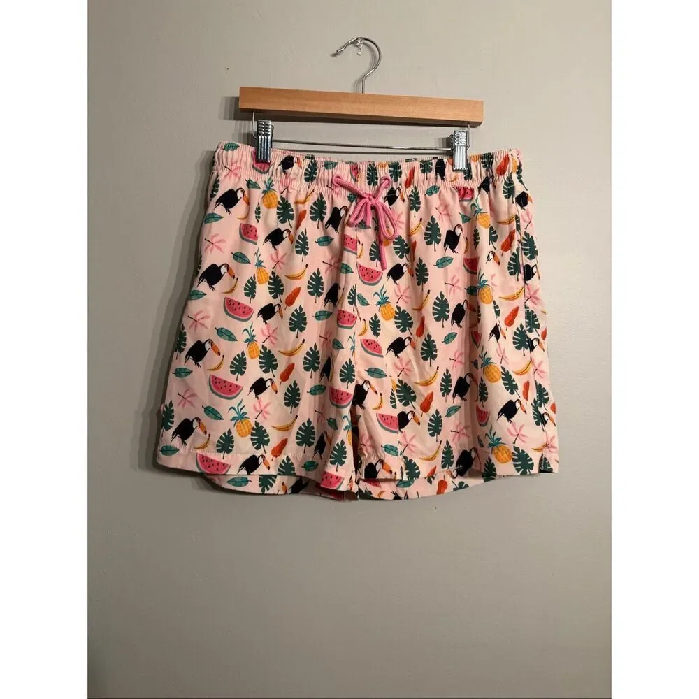 Sunset X‎ Vine Multicolor Tropical Print Pull-On Drawstring Swim Trunks Large